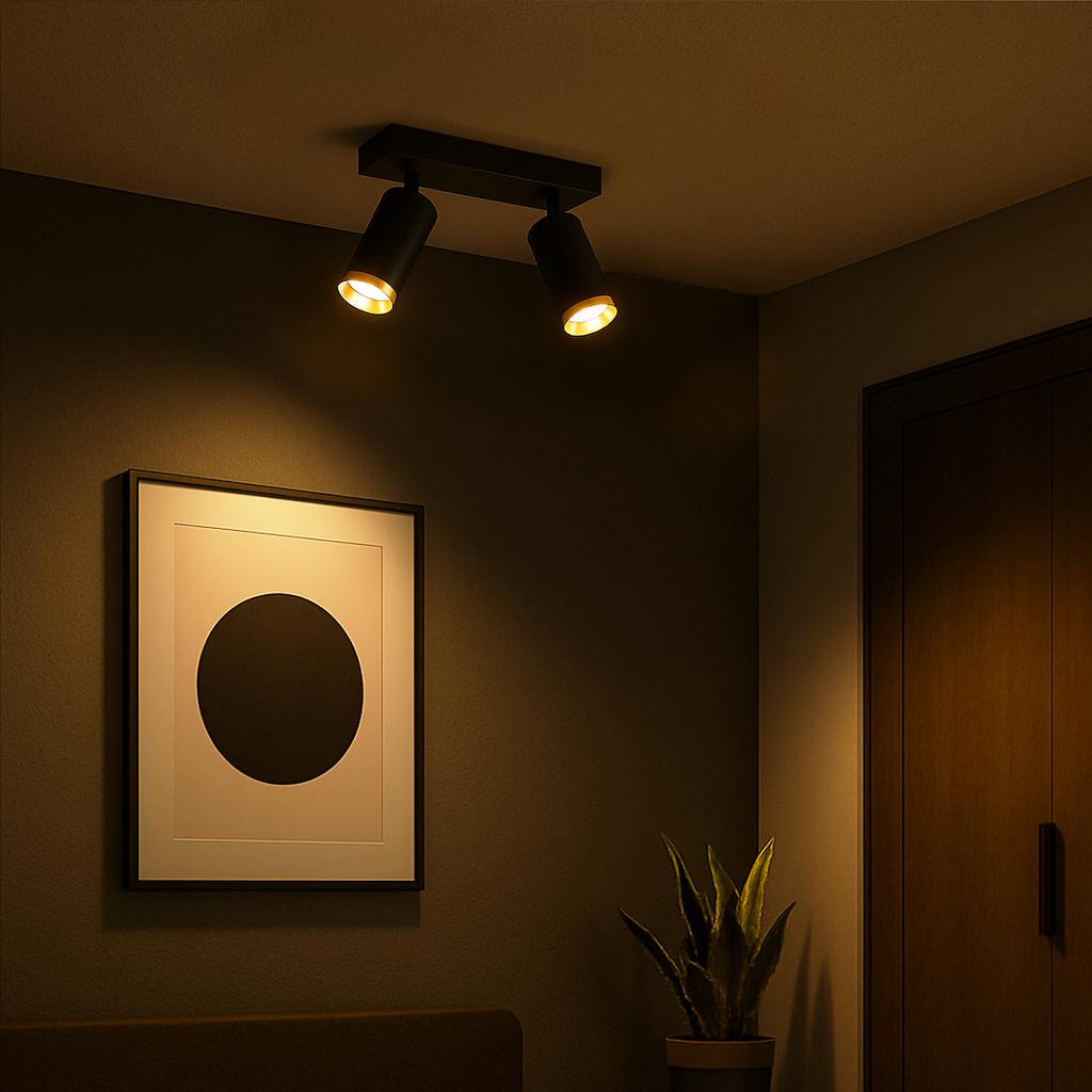 Lampa Sufitowa Nowoczesna Czarna Listwa Ruchome Reflektorki Złote Elementy 2Xgu10 10W Mica Milagro