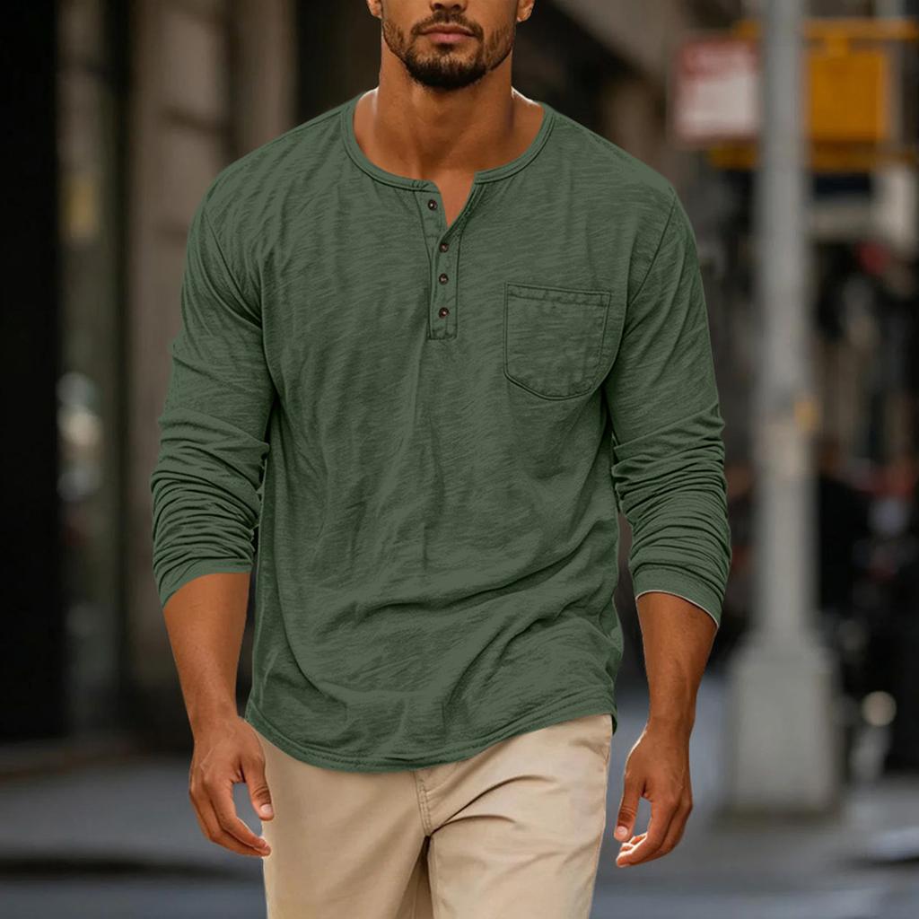 Men's Casual Long Sleeve Round Neck Shirt with Button Front and Pockets