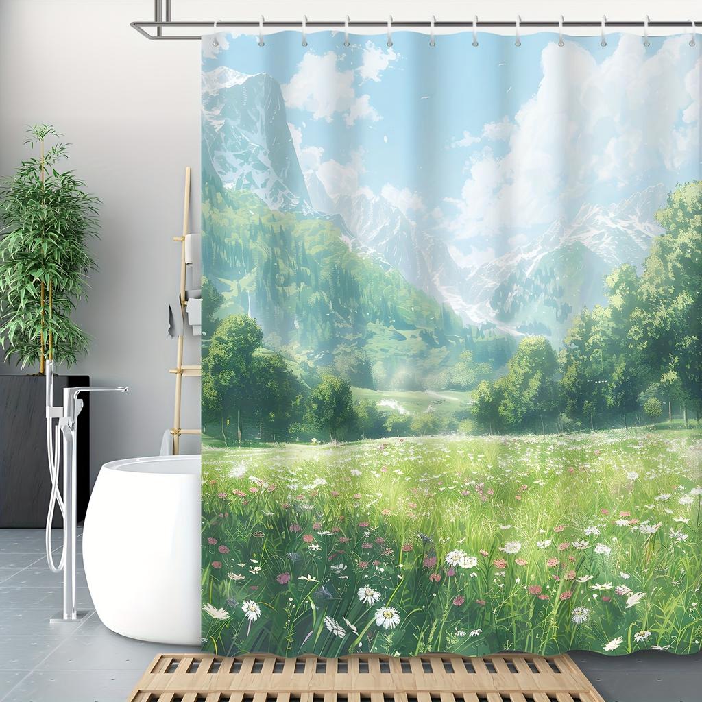 Shower Curtain: Idyllic Mountain Landscape With Lush Green Fields For A Serene And Scenic Bathroom Decor