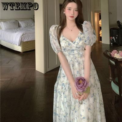 Patchwork Print Chiffon Dress Super Fairy French V-neck Short Sleeve Floral Dress Mid-length Waist Skirt Peplum Bubble Sleeve Dresses