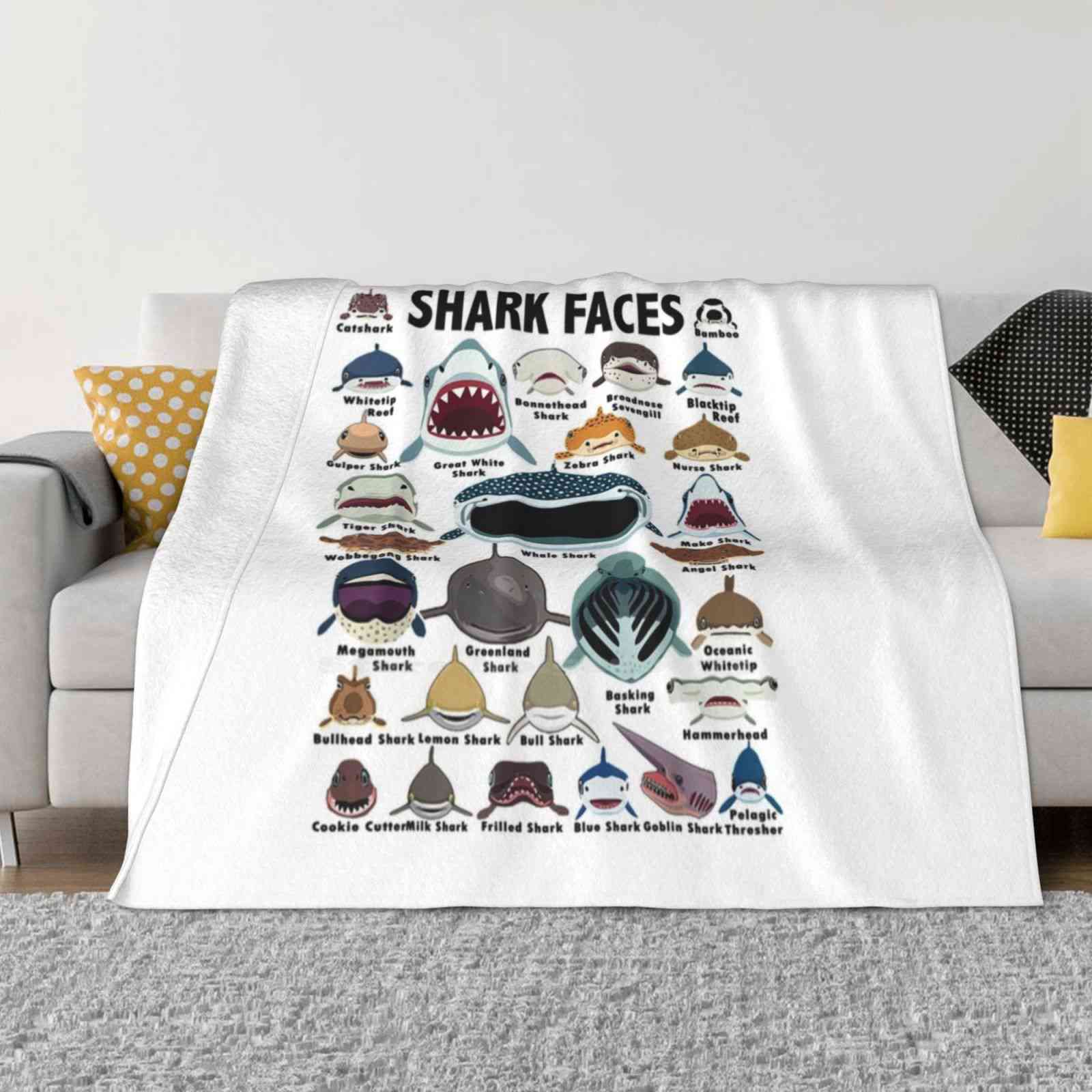 Types Of Shark Identification-Shark Faces-Shark Heart New Selling Custom Print Flannel Soft Blanket Shark Faces Love Sharks 30x40in