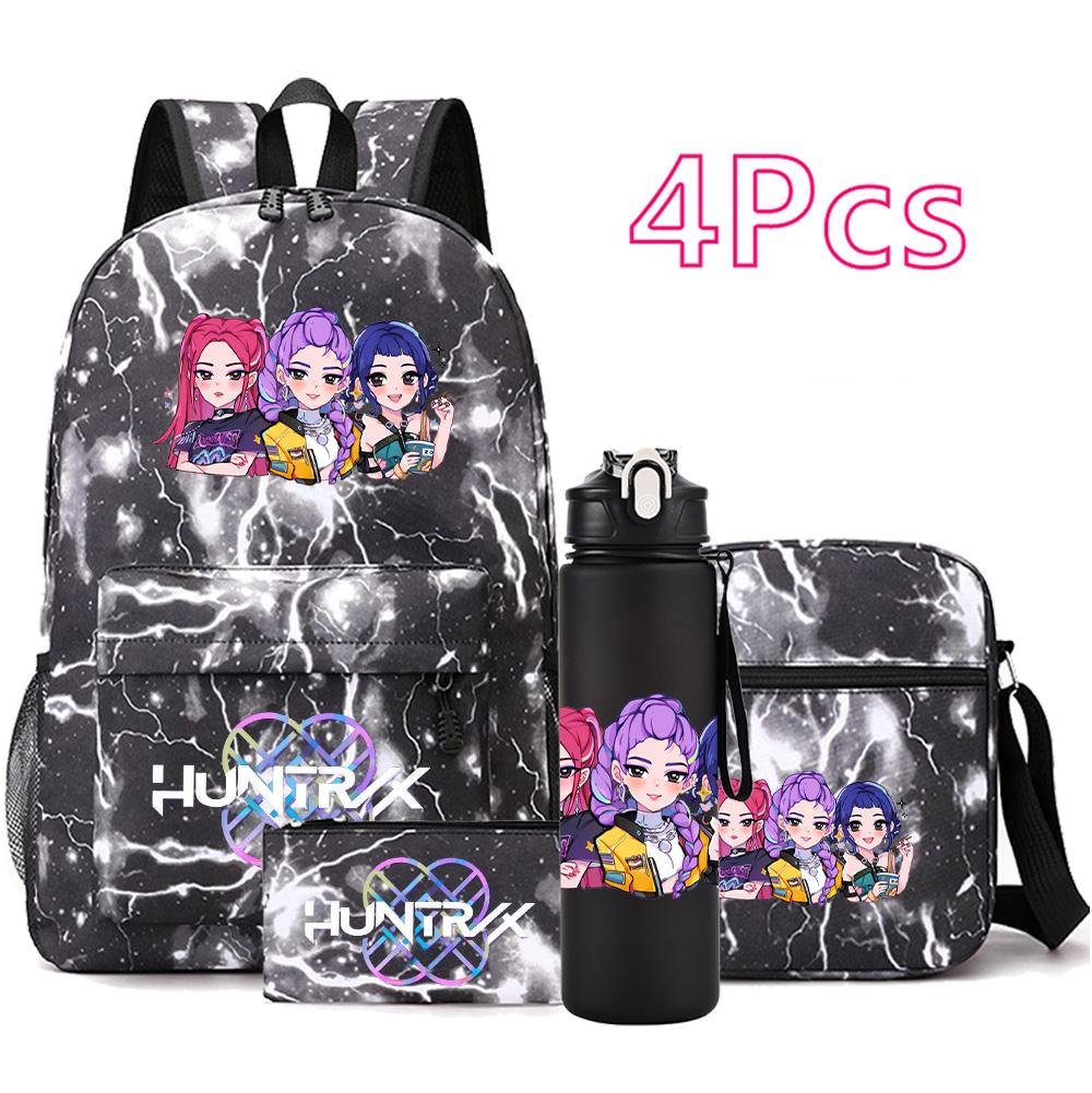 4Pcs/set Anime Cute KPop Printed Backpack with 750Ml Water Bottler for Teenager Student Girl Boy Bookbag Kid Gift Large Capacity Waterproof Travel Bag