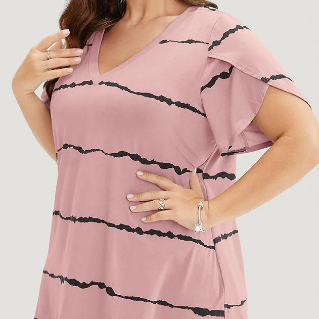 Dámské letní tričko s krátkým rukávem a V-výstřihem, pruhovaným potiskem, volné, s volánkovými krátkými rukávy, ležérní, prodyšné, pohodlné, na práci, dovolenou, plus size top(XL~5XL)