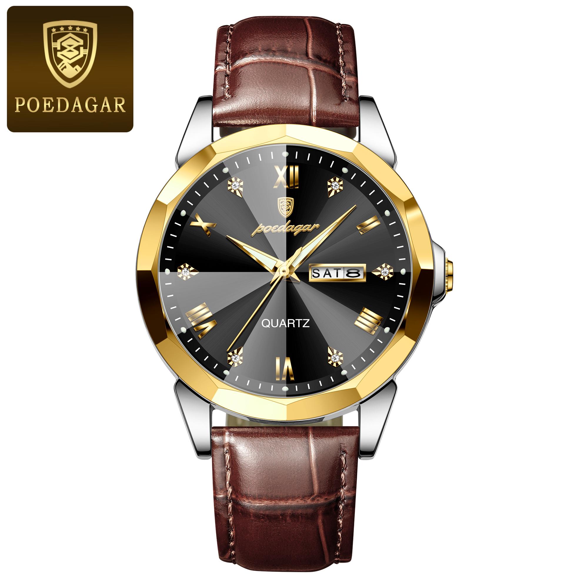 

POEDAGAR Luxury Man Wristwatch High Quality Quartz Sports Business Men Watch Waterproof Luminous Date Week Leather Watches чёрный/золотой