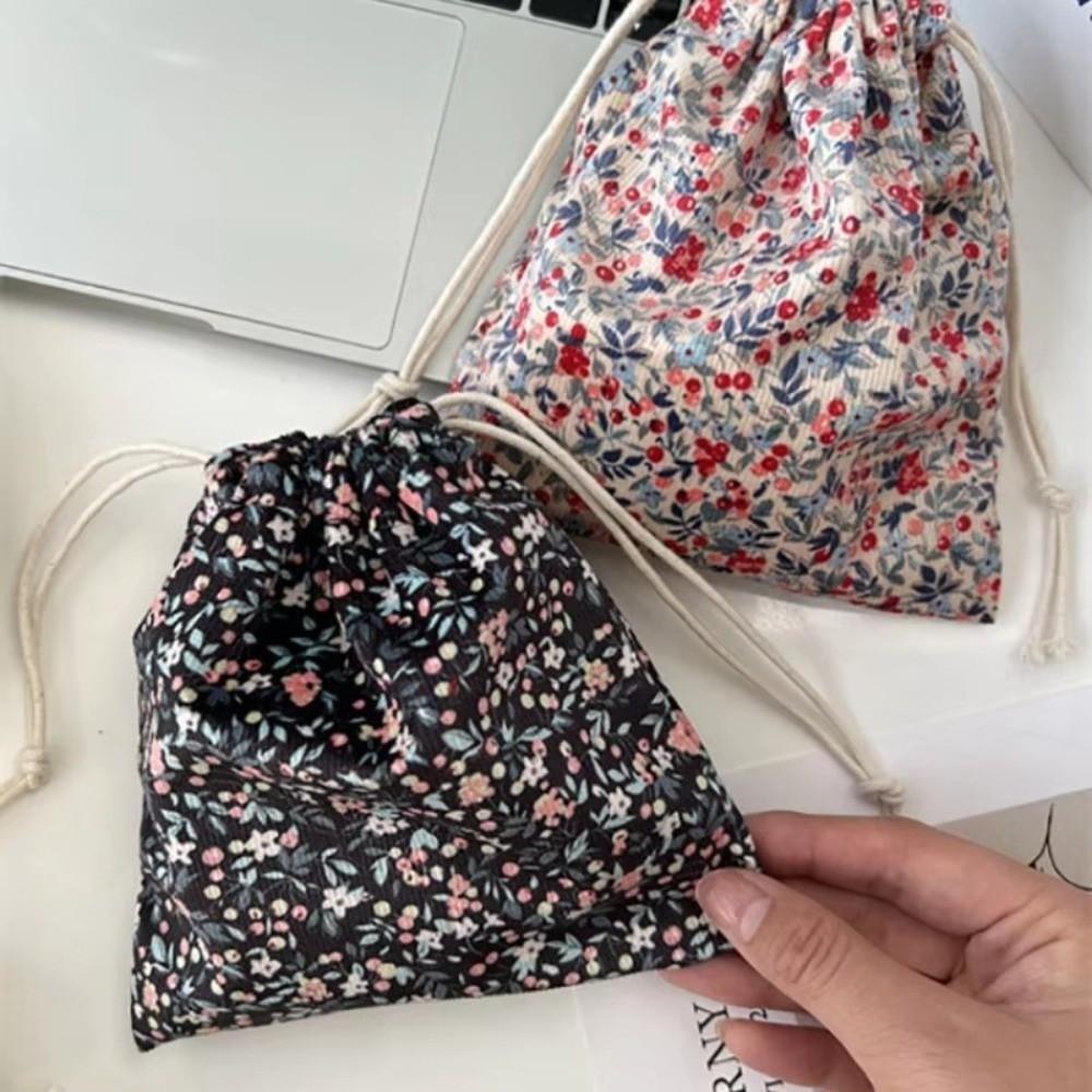 Portable Cute Corduroy Lipstick Cosmetic Bag Floral Print Tote Coin Purse Small Jewelry Organizer Packaging Pouch Bags Women