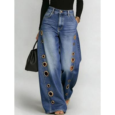 Jeans, Damenhosen, Design mit Metallösen, Lässige Hosen, Lockerer Schnitt, High Waist Wide Leg Jeans