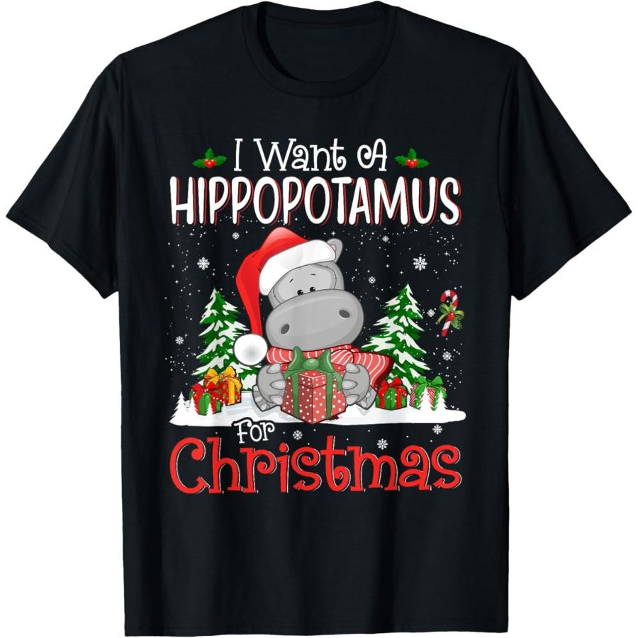Я хочу бегемота на Рождество Xmas Hippo для ребенка Женская футболка(5) XXXXXL чёрный