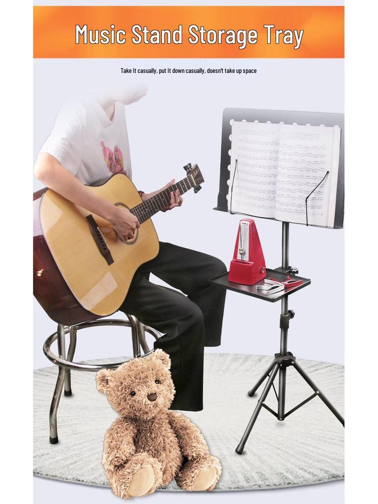 Regulowany stojak muzyczny z uchwytem na nuty, miejscem na telefon, metronomem, kartą dźwiękową i półką na akcesoria