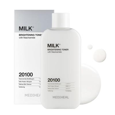 MEDIHEAL Milk Brightening Toner 300ml Niacinamide Glutathione Radiant Skin. Hydrating Moisturizing It Provides Smooth Finish Bottle.