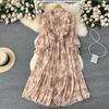 Spring new French V-neck long-sleeved waist temperament small fresh floral dress women's pleated long dress