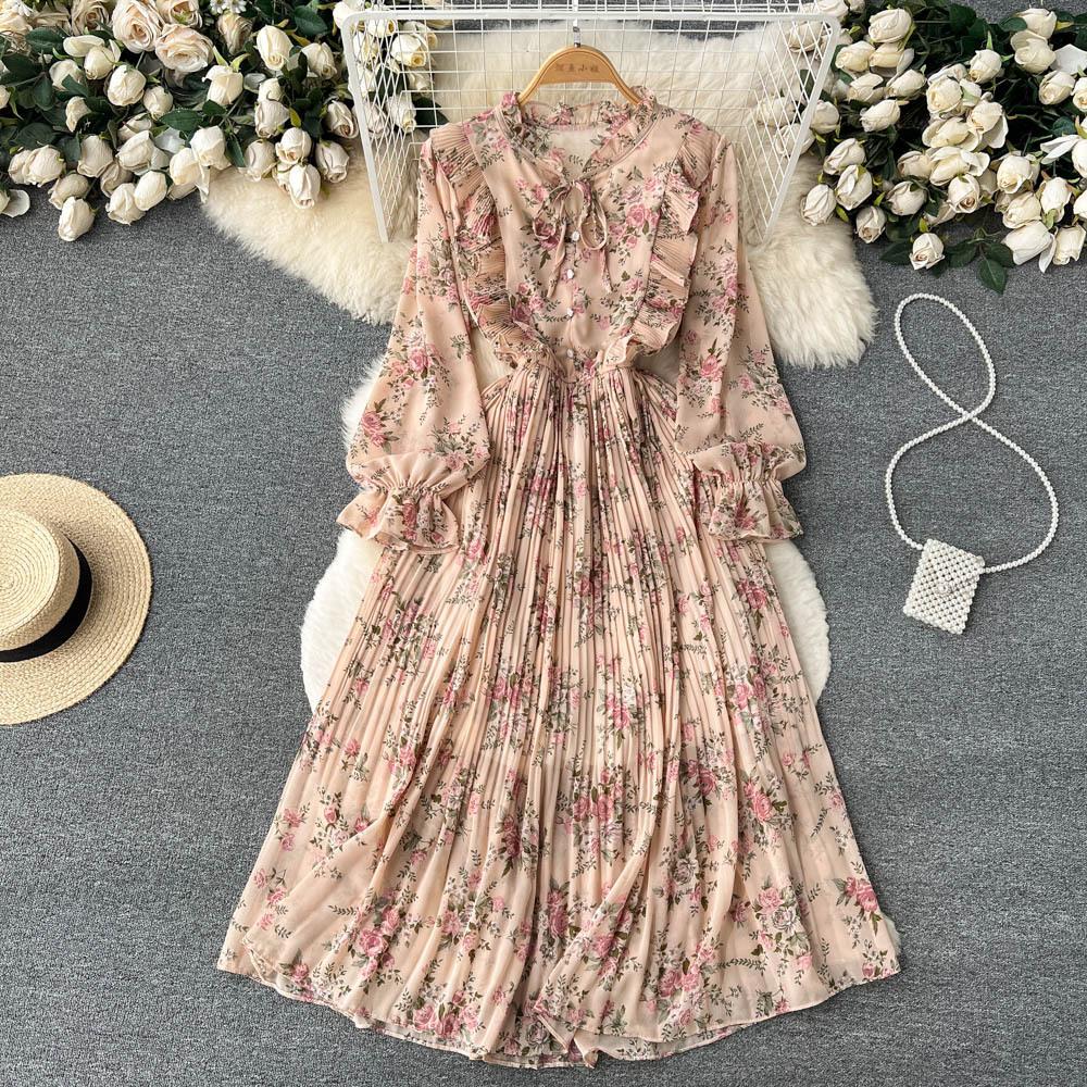 Spring new French V-neck long-sleeved waist temperament small fresh floral dress women's pleated long dress