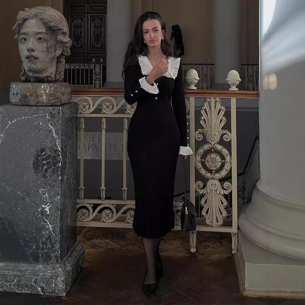 Elegant Peter Pan Collar Knitted Dress For Women Solid Single Breasted Ruffle Hem Long Dresses Chic Autumn Lady Party Vestidos