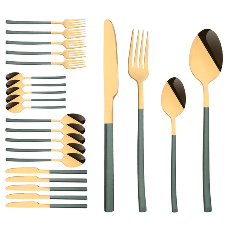 24 ks Moderní jídelní sada Nerezová sada nádobí Modrá Zlatá Nůž Vidlička Lžíce Čajová lžička Kuchyňská sada příborů