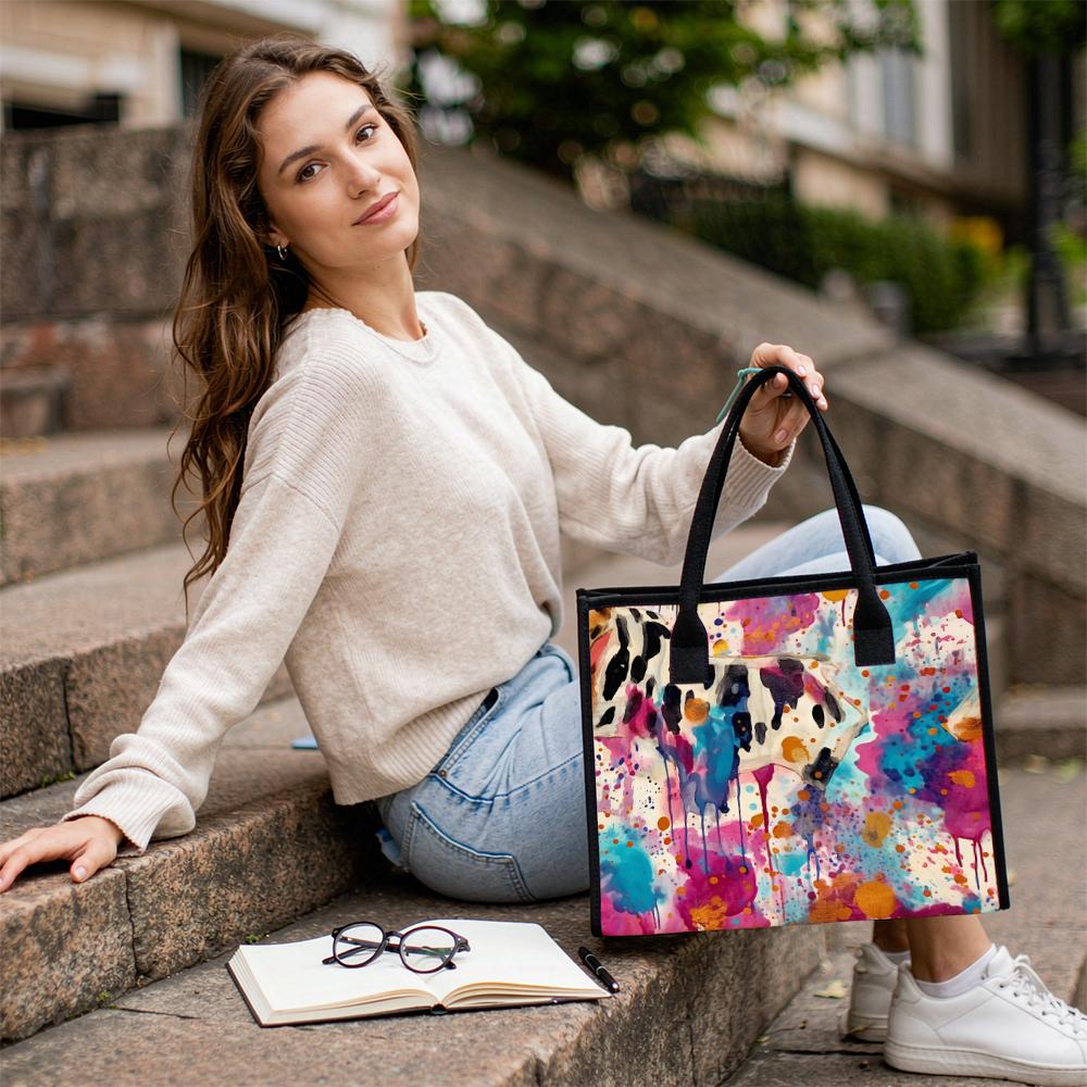 Watercolor Cow Print Tote Bag Casual Large Capacity Handbag for Daily Use