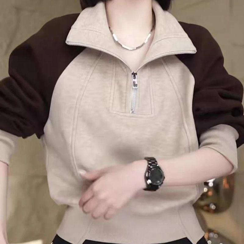 Half Zip Stand Up Collar Splicing Pullover Hoodie for Women's Autumn and Winter Fashion Short Top