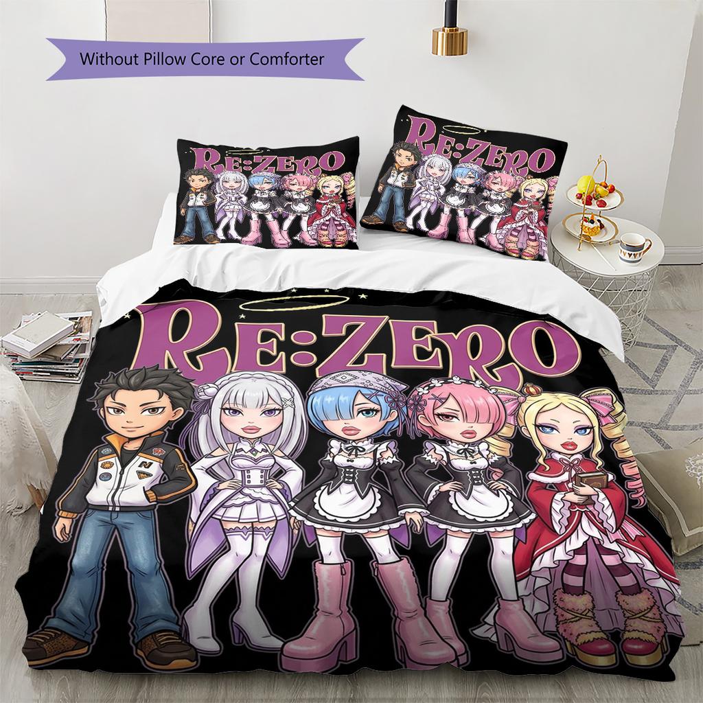 Re Zero Pattern Bedding Quilt Set Quilt Cover Pillowcase Home Birthday Gift(1 * Duvet Cover + 2 * Pillowcase, Without Core)