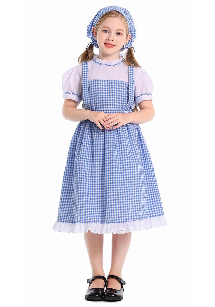 Blue Plaid Halloween Cosplay Costume for Kids with Headscarf & Skirt