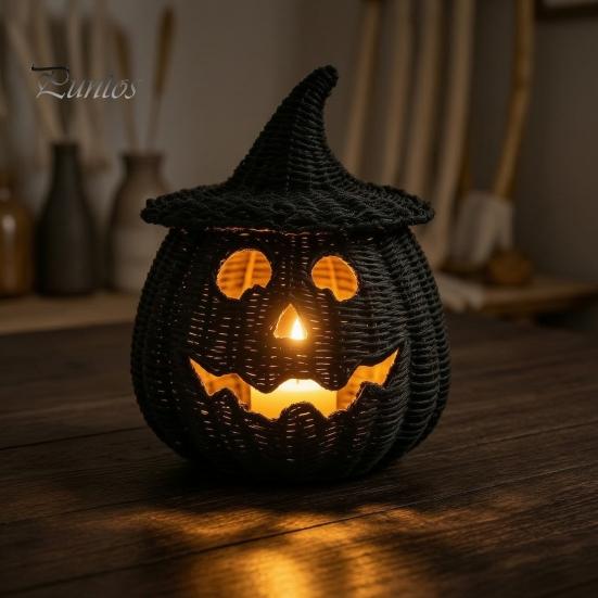 Black Braided Halloween Prop Handwoven Pumpkin Basket with Witch Hat Lid, Rustic Wicker Trick Fall Housewarming Gifts or Treat Bucket for Indoor