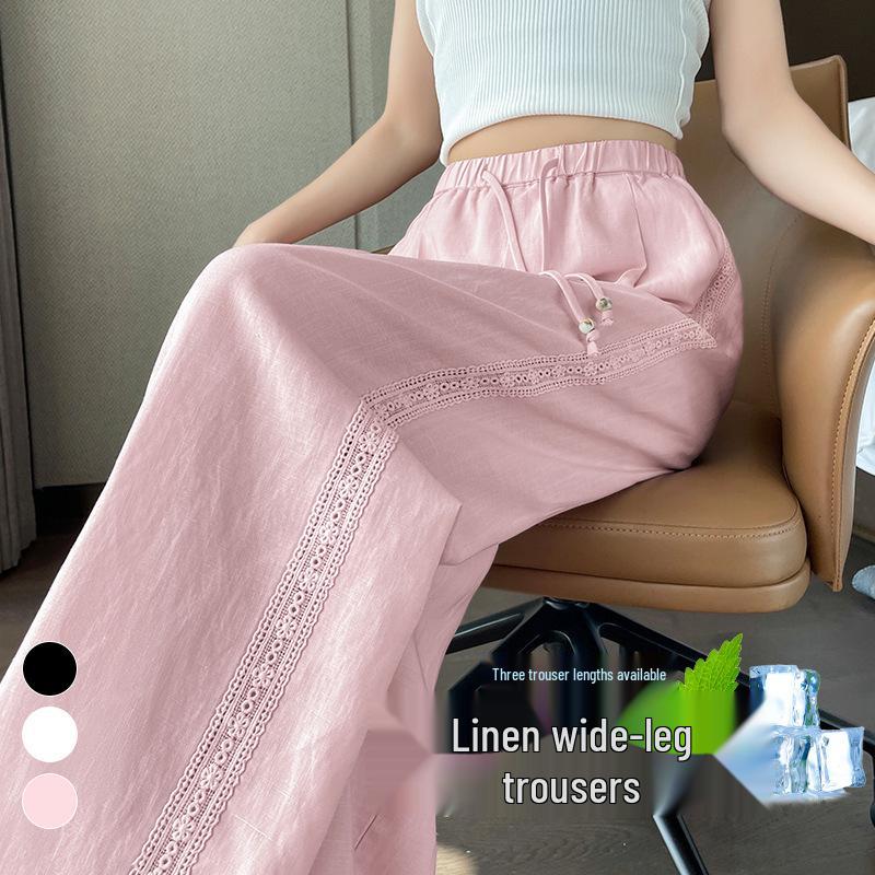 2026 Summer Tencel Linen High-Waisted Wide-Leg Lace Pants for Women