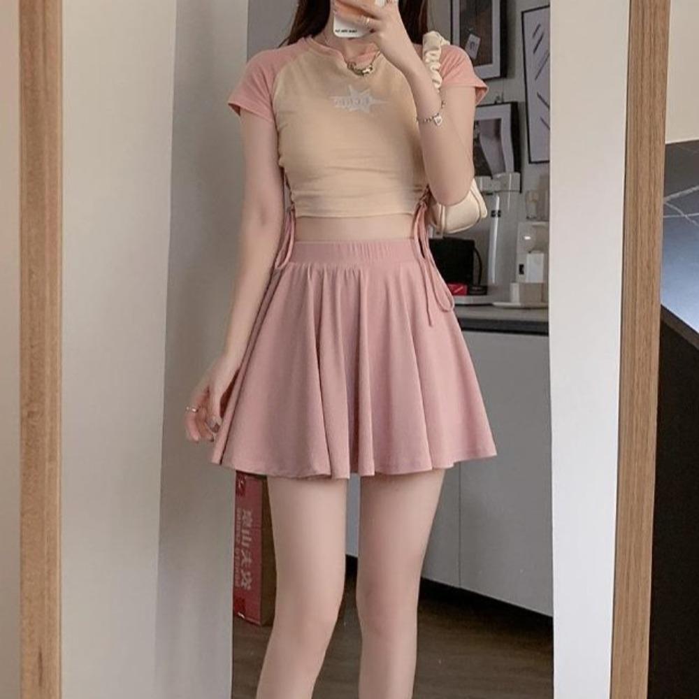 Elastic Waist Skirts with Safty Pants Straight A-line Mini Skirt Sweet Pleated Skirts Women Female