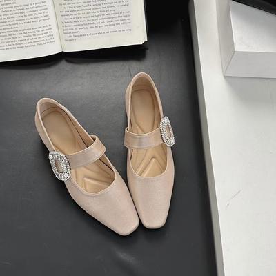 Flat Single Shoes Women's New Suede Square Head Rhinestone One-word Buckle Mary Jane Shoes Thick Heel Versatile