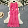 Gentle Wind Niche High-end Round Neck Long-sleeved Hollow Knitted Dress Women's Inner Suspender Skirt Stacked Two-piece Set