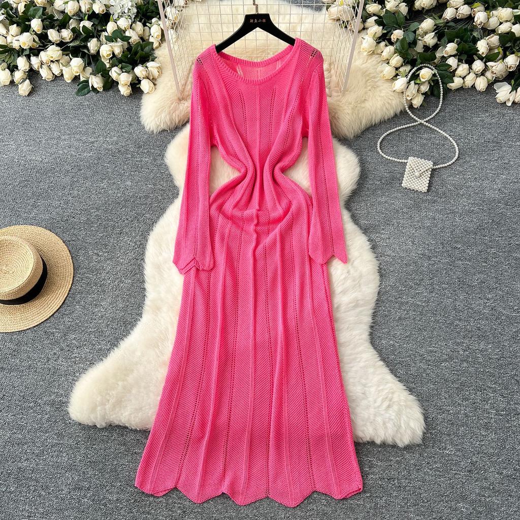 Gentle Wind Niche High-end Round Neck Long-sleeved Hollow Knitted Dress Women's Inner Suspender Skirt Stacked Two-piece Set