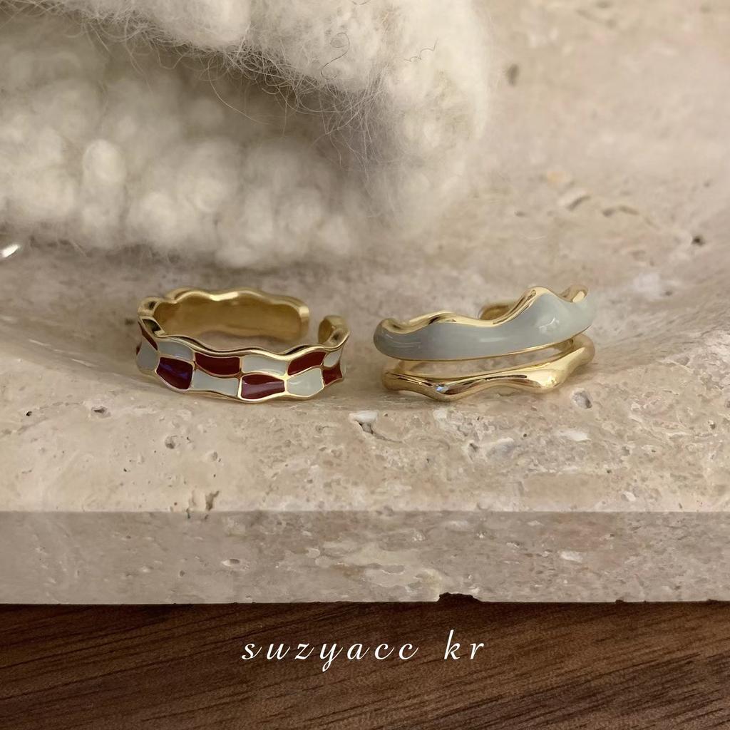 Enamel Checkerboard Ring Set, Irregular Mountain Peak, High Value, Niche, Unique Design, Personalized Open Index Finger Ring