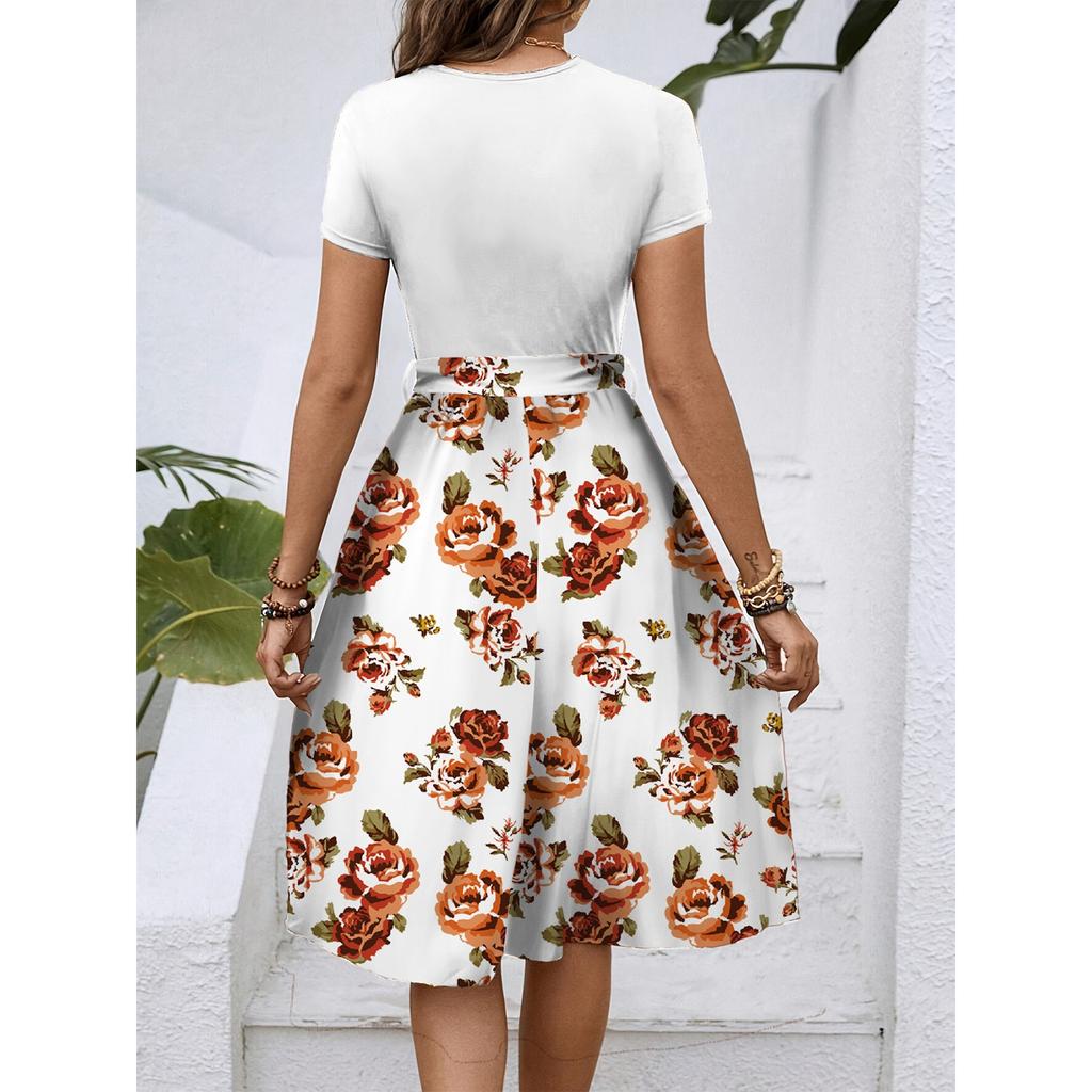 Women's Fashionable Retro Patterned Printing Color Blocked Belt Casual Dress