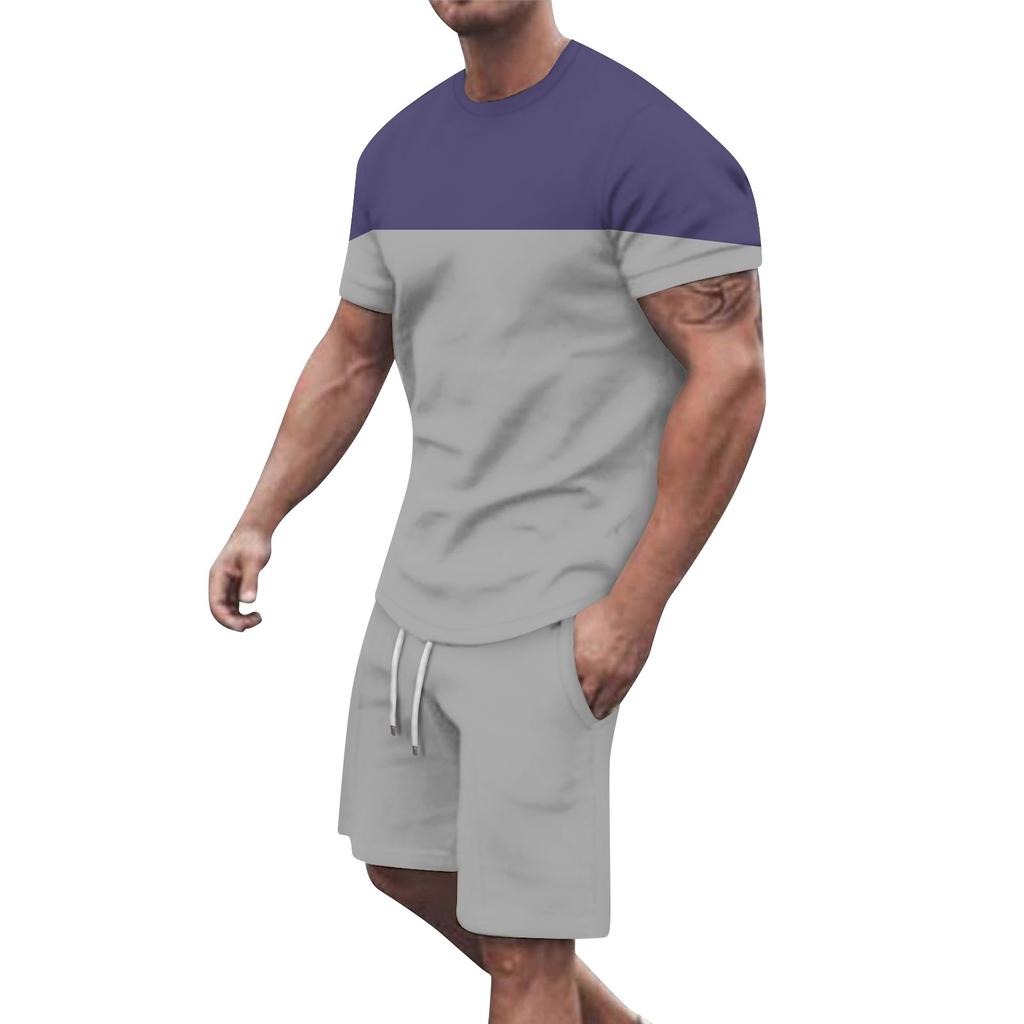 Men's Solid Color Shoulder Short Sleeved Shorts Breathable Men's Casual 2-piece Set