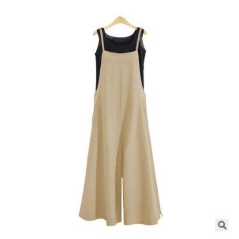 women s Casual Solid Color Spaghetti Strap High Waist Wide Leg Loose Overalls Long Pants Jumpsuit S хаки