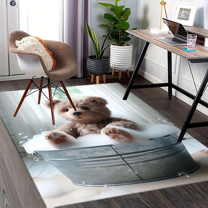 1pc Teddy Bear in Bubble Bath Chair Mat - Anime Cartoon Design, Non-Slip Carpet for Office Chair, Suitable for Home Decor, Living Room, Bedroom, Game