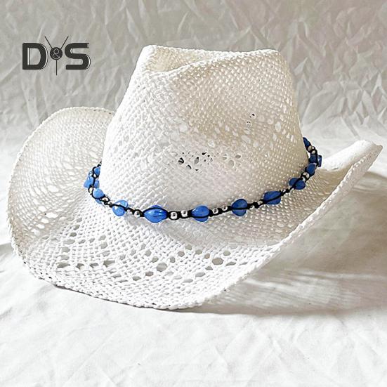 Summer Straw Hat Hollow Out Foldable Adjustable Bead Decor Curled Edge Windproof Strap Western Cowboy Style Solid Color Outdoor Cap