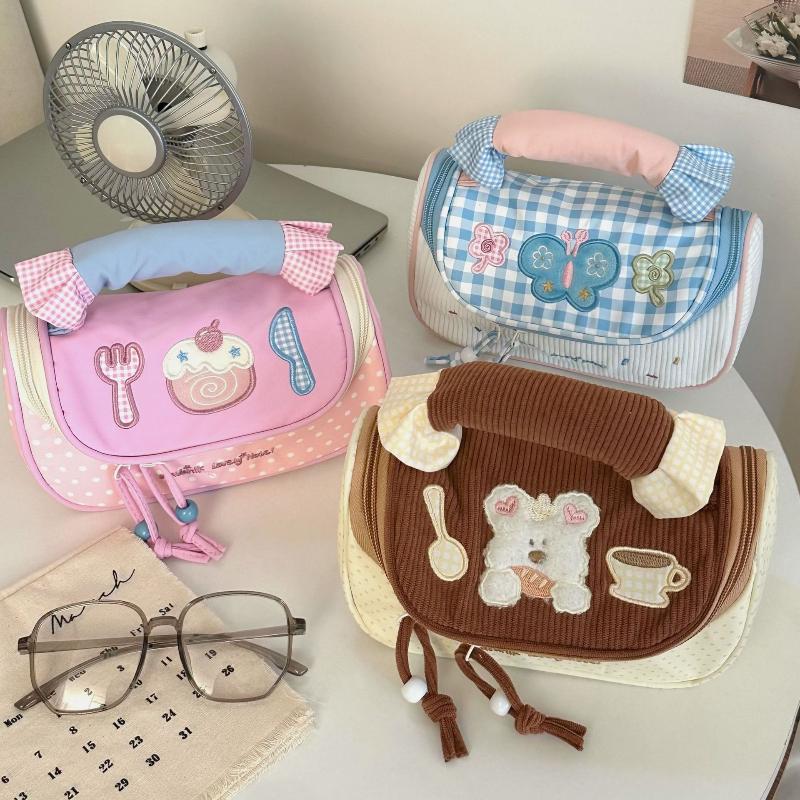 Colorblock Cosmetic Bag Large Capacity Cute Aesthetic Stationery Organizer Kawaii Cartoon Girls Teens Travel Makeup Bag