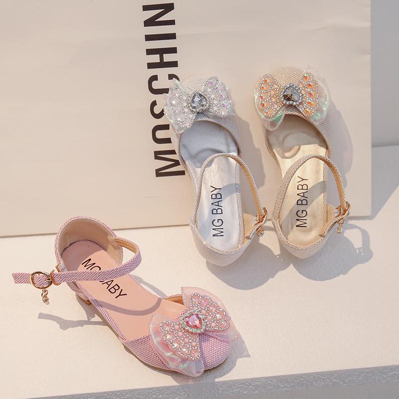 Children's Shoes Princess Shoes Fashion High Heel Bow Girls Crystal Shoes 2-15 Years Silver Hundred Kids Leather Shoes Sandals
