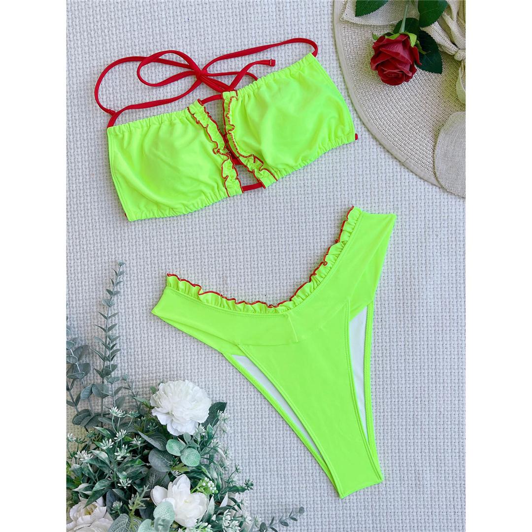 

Оборчатый лифчик с лямками на шее, женский купальник, бикини, женский купальник, комплект из двух частей, купальный костюм, женский купальник S зелёный