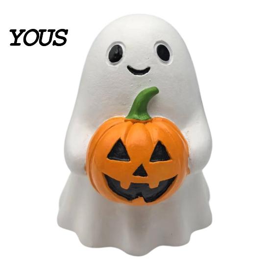 Hand Painted Resin Ghost Halloween Pumpkin Ornaments, Smiling Desktop Decorations for Home Exquisite Figurine Office Party Decor, Cute Healing