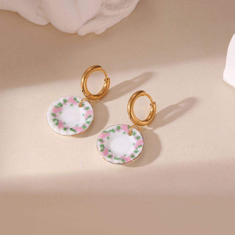 Chinese Style Blue and White Porcelain Earrings Dripping Oil Gold Enamel Hoop Earrings  Party