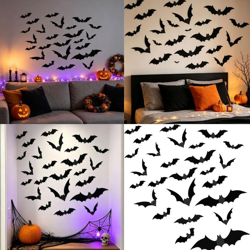 3D Fledermäuse Halloween Dekorationen Realistische Gruselige Fledermaus Aufkleber Wanddekorationen DIY Partyzubehör mit Flexiblem Gefaltetem Flügel für Ladenpräsentationen, Schulen,