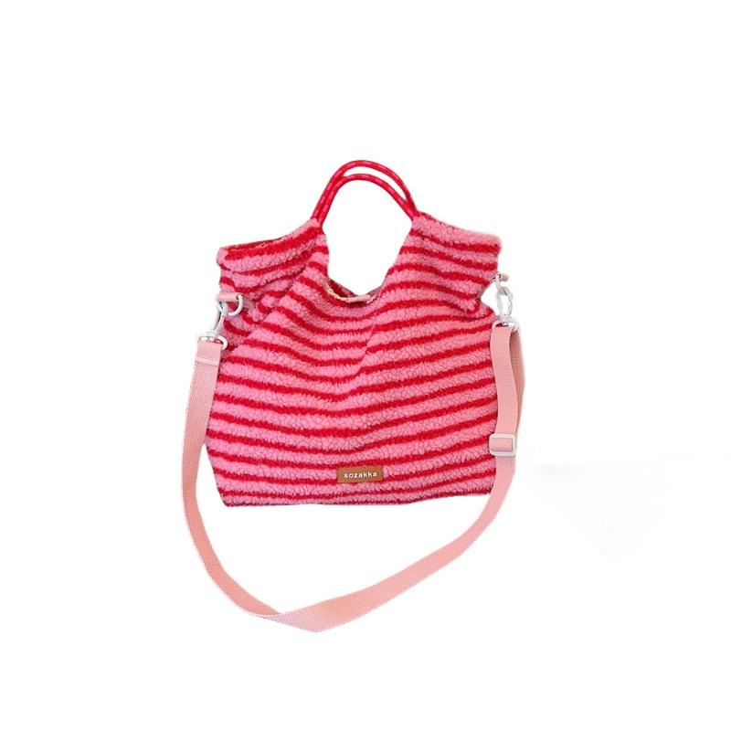 11 Retro Herbst- und Wintermode Gestreifte Plüsch Studentenhandtasche Große Kapazität Schulter Umhängetasche