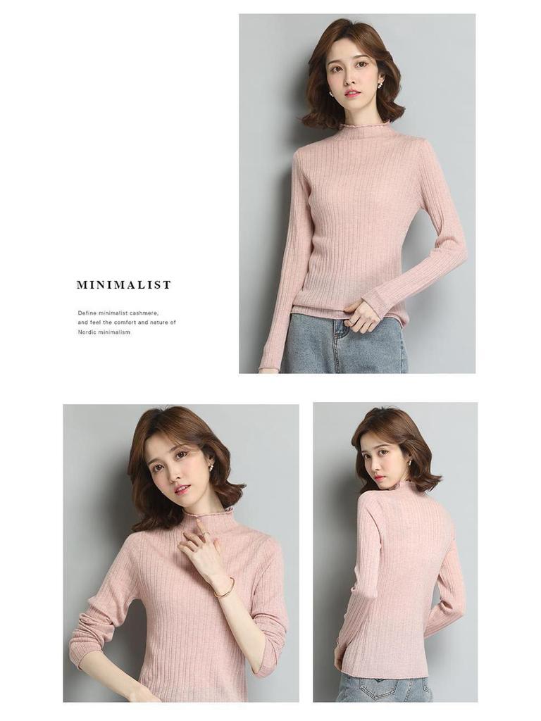 Damski cienki wełniany sweter - Wiosna/Jesień 2022, dzianinowy top z długim rękawem i półwysokim kołnierzem