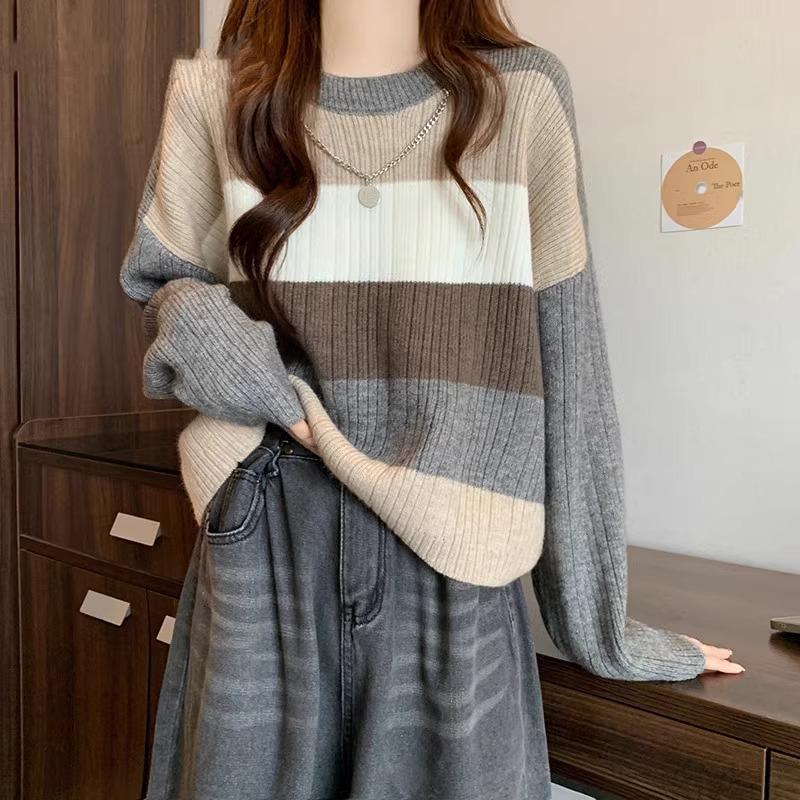 Korean Style Striped Knit Sweater - Women's Loose Fit Round Neck for Spring & Autumn