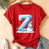 Christmas Snowman Alphabet T-Shirt Women Blue Ice Alphabet Graphic Tees Christmas Holiday Casual Red Short Sleeve Unisex Tops