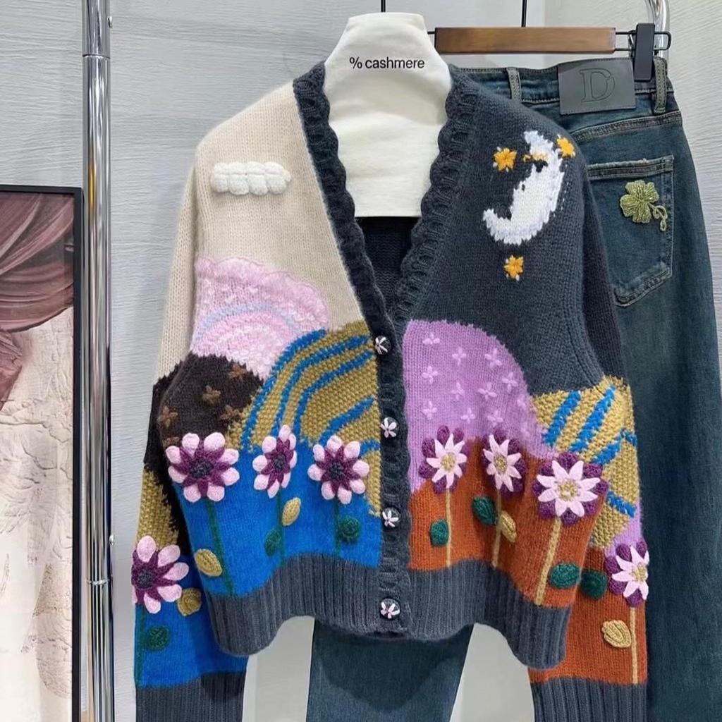 Women's Autumn/Winter Cozy Handmade Embroidered Cashmere Openwork Knit Cardigan Sweater