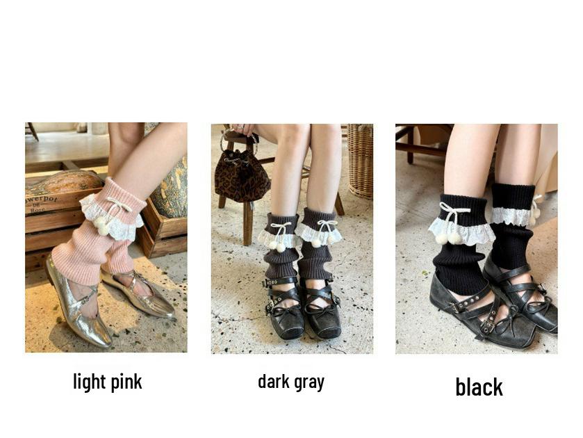 Koronkowe Wykończenie Pomponowe Podwijane Legginsy Damskie w Stylu Baletowym - Japońskie Skarpetki Marszczone na Jesień/Zimę