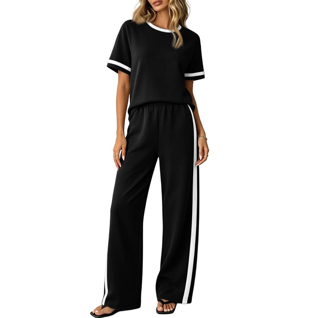 Conjunto de Dos Piezas para Mujer Informal para Estar en Casa Top de Manga Corta y Pantalones de Pierna Ancha Tejido Suave Ajuste Cómodo Estilo Relajado