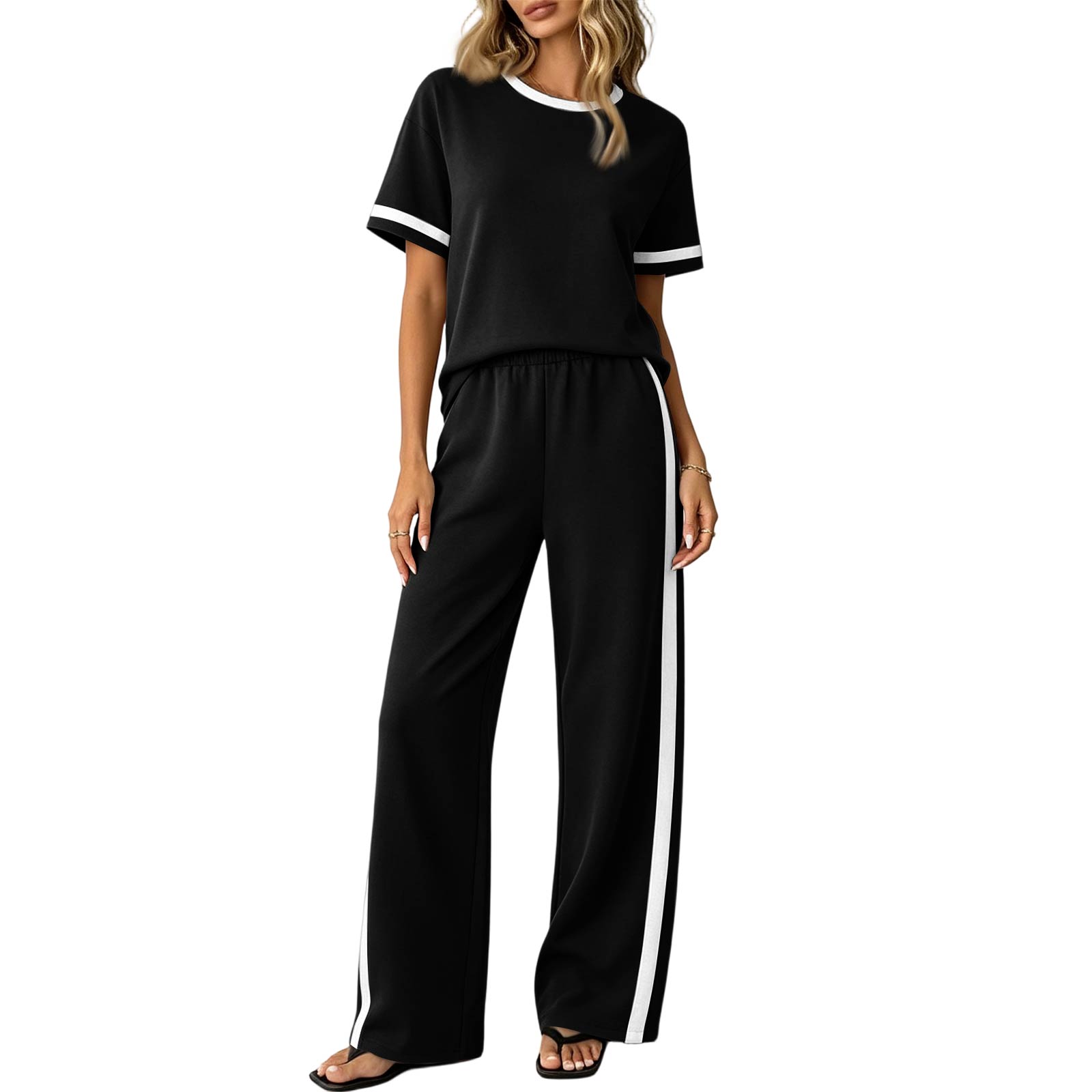 Women Two Piece Set Short Sleeve Relaxed Top and Wide Leg Pants Casual Loungewear Outfit for Daily Wear Travel Holiday XXL