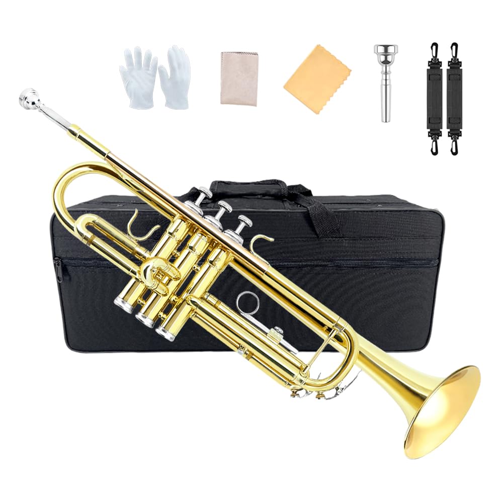 

Yinfente B Flat Standard Trumpet for Beginners, Advanced Players, and Students with Hard Case, Silver-Plated 7C Mouthpiece, White Glove, and Gold