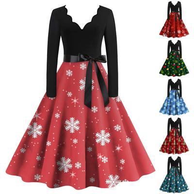 Women's Ladies Casual Fashion Christmas Printed V-Neck Retro Dress