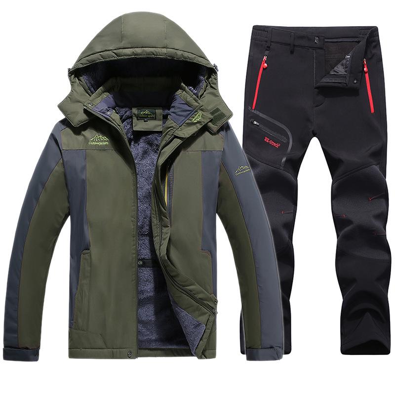 

Чоловічий зимовий альпіністський костюм великого розміру на флісовій підкладці: Вітрозахисний, Водонепроникний, Товстий і Теплий. 4XL чорний/армія зелений колір